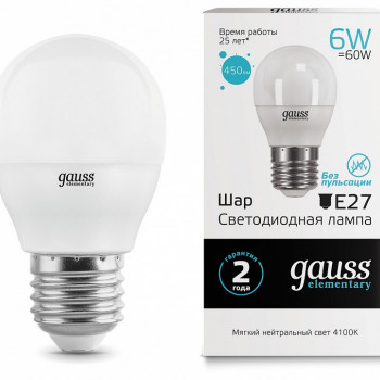 Лампа Gauss Elementary LED Шар E27 6W 4100K 450lm