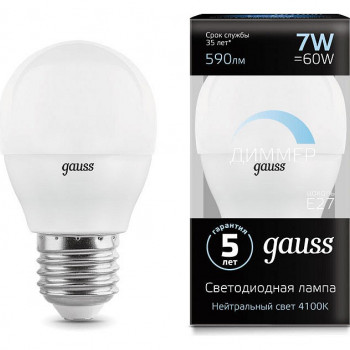 Лампа Gauss LED Шар E27 7W 4100К 590lm диммируемая