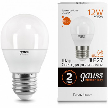 Лампа Gauss Elementary LED Шар E27 12W 3000К 880lm